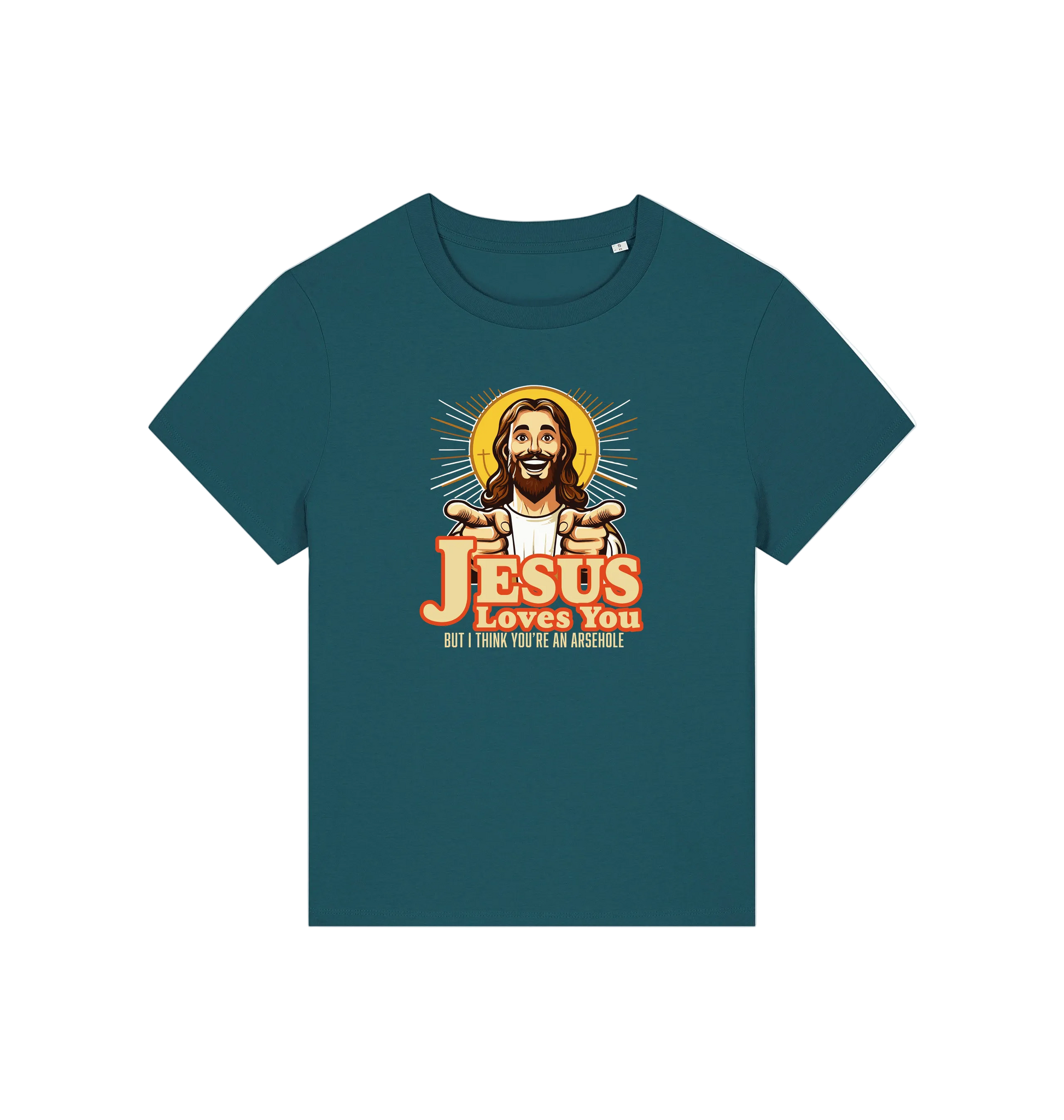 teal funny jesus t-shirt with a graphic of a smiling jesus and the slogan 'jesus loves you but i think you're an arsehole'