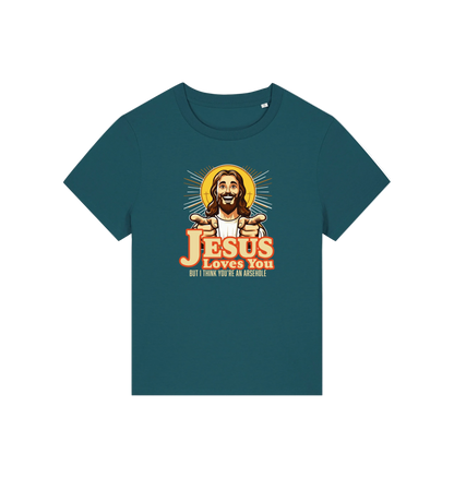 teal funny jesus t-shirt with a graphic of a smiling jesus and the slogan 'jesus loves you but i think you're an arsehole'