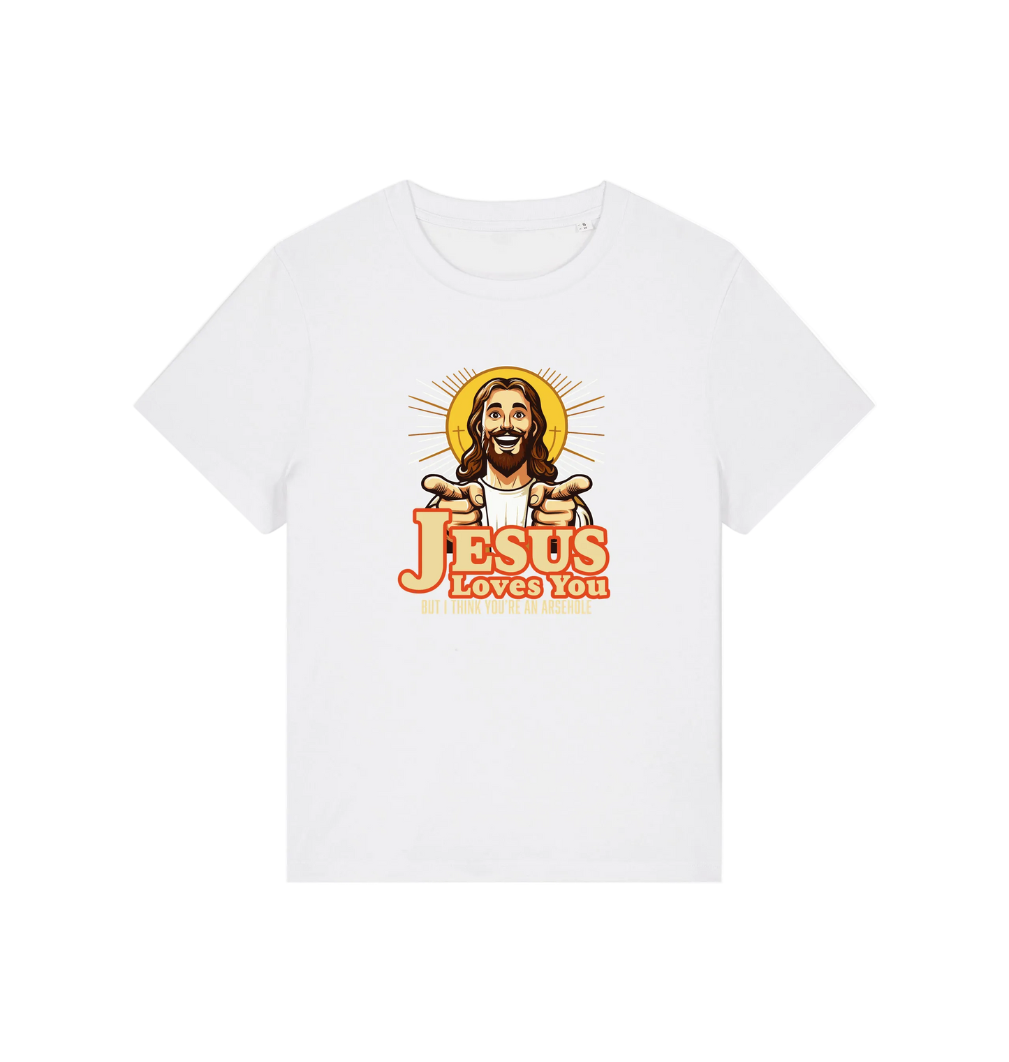 white funny jesus t-shirt with a graphic of a smiling jesus and the slogan 'jesus loves you but i think you're an arsehole'