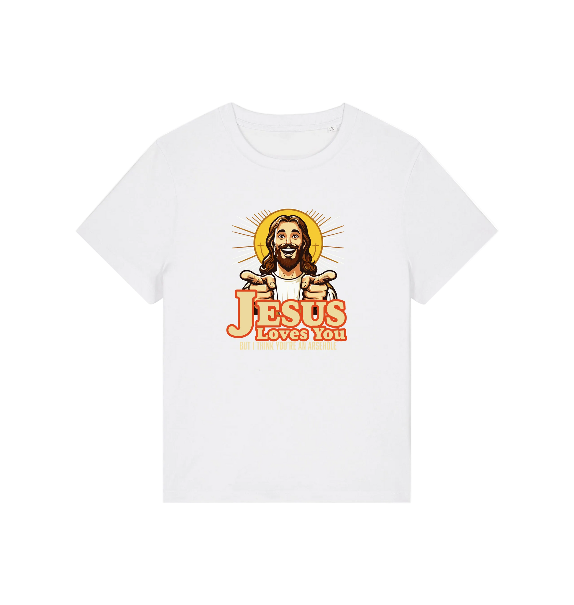 white funny jesus t-shirt with a graphic of a smiling jesus and the slogan 'jesus loves you but i think you're an arsehole'