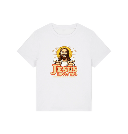 white funny jesus t-shirt with a graphic of a smiling jesus and the slogan 'jesus loves you but i think you're an arsehole'