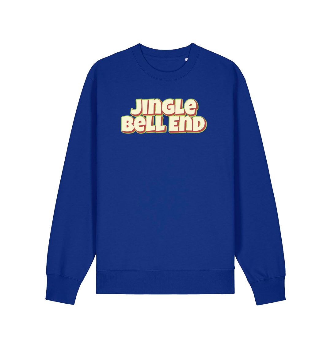 blue christmas sweater with the slogan 'jingle bellend'