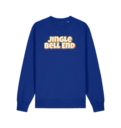 blue christmas sweater with the slogan 'jingle bellend'