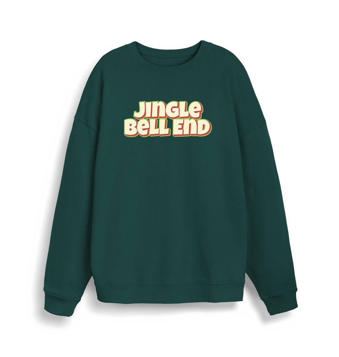 green christmas sweater with the slogan 'jingle bellend'