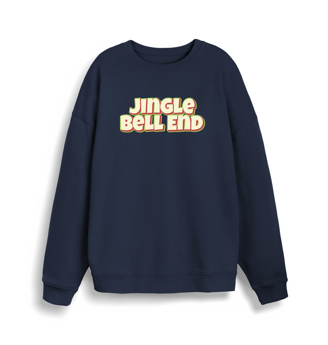 navy christmas sweater with the slogan 'jingle bellend'