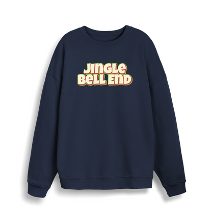 navy christmas sweater with the slogan 'jingle bellend'