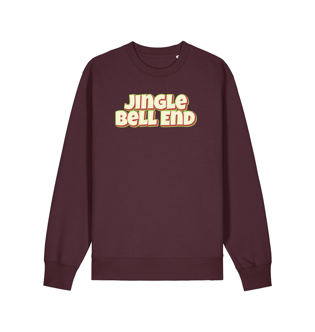 red brown christmas sweater with the slogan 'jingle bellend'