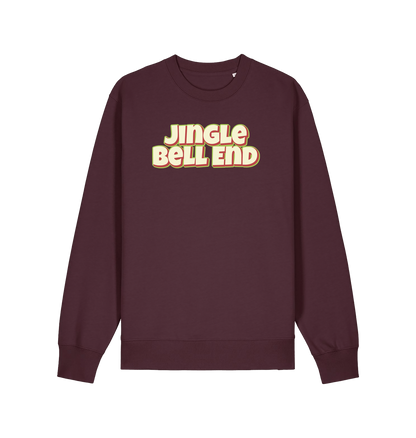 red brown christmas sweater with the slogan 'jingle bellend'