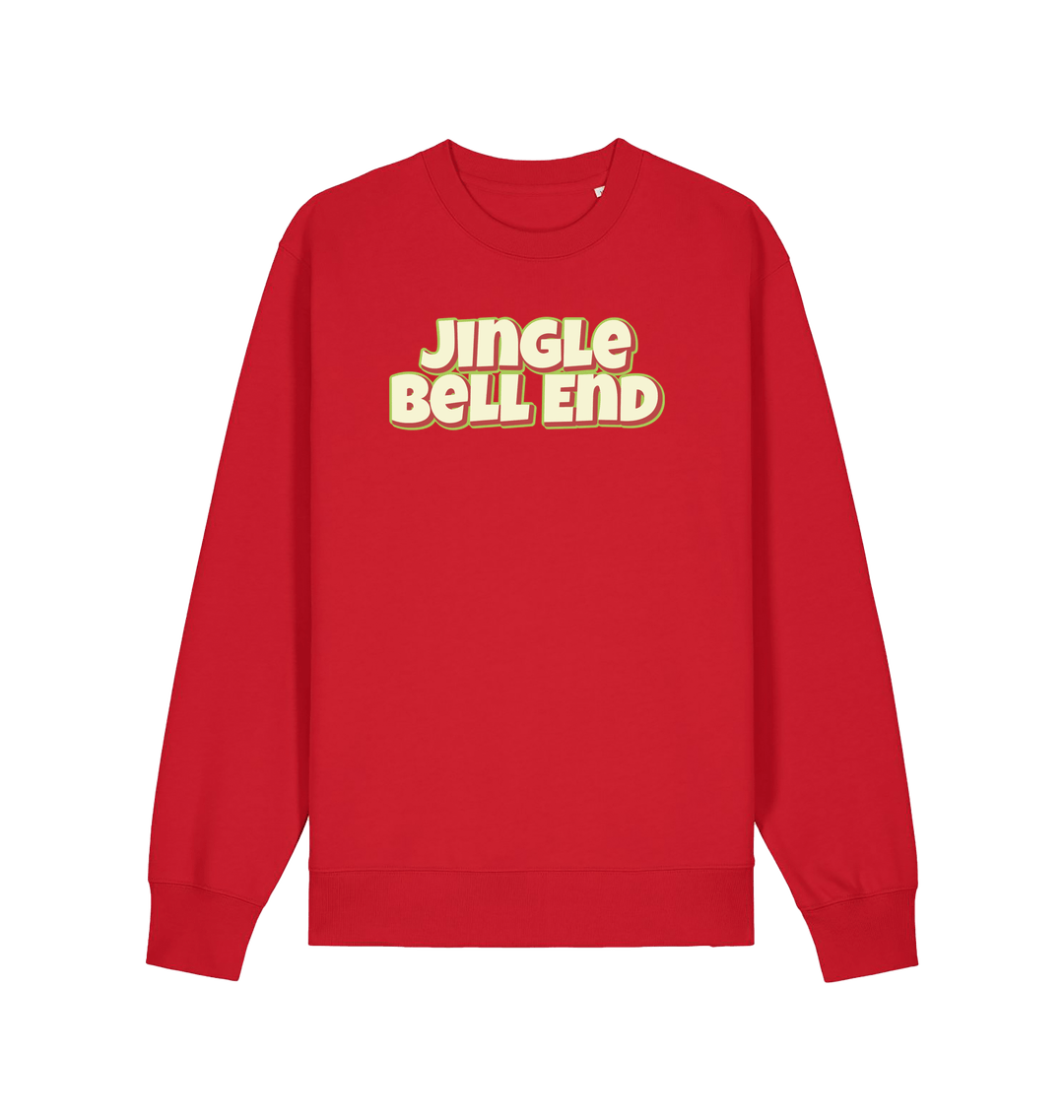 red christmas sweater with the slogan 'jingle bellend'