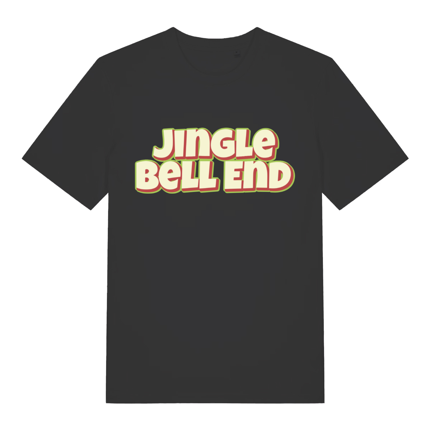 Black Jingle Bell End funny graphic t-shirt with bold retro “JINGLE BELL END” Christmas slogan  