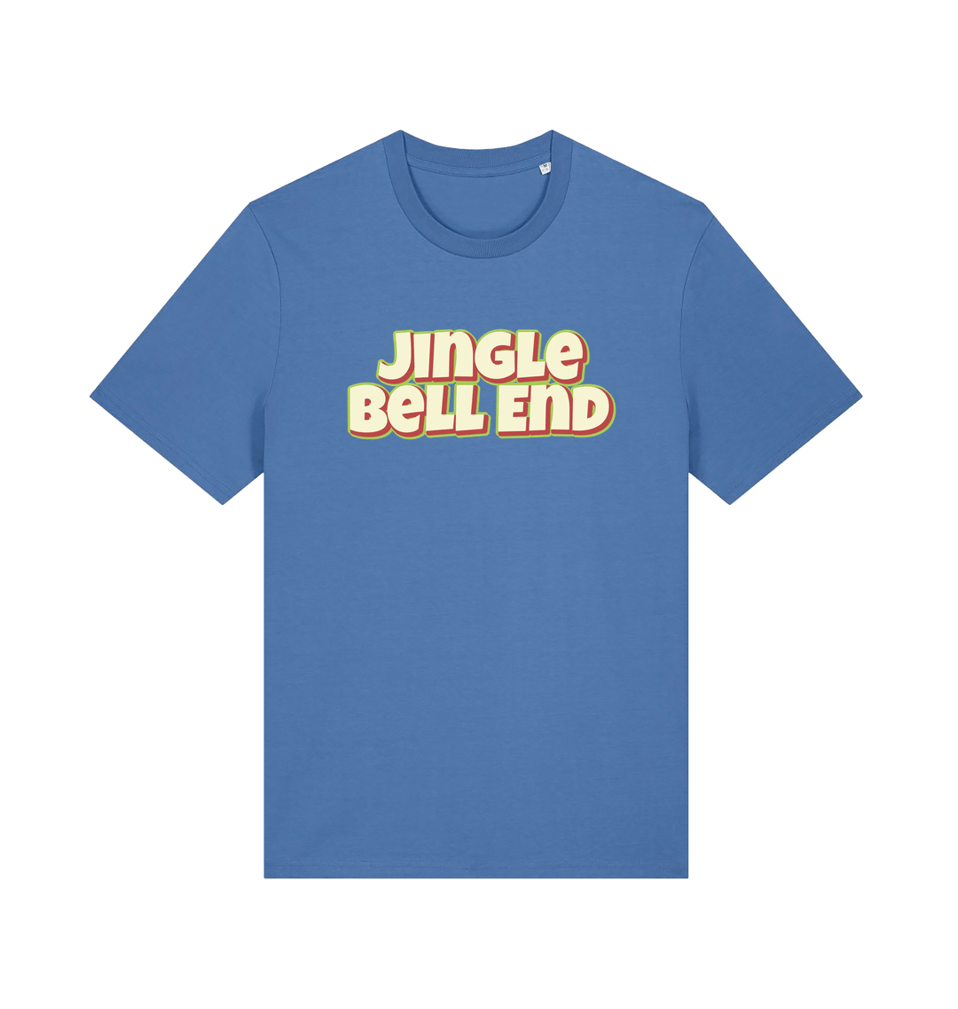 blue christmas t-shirt with the slogan 'jingle bellend'