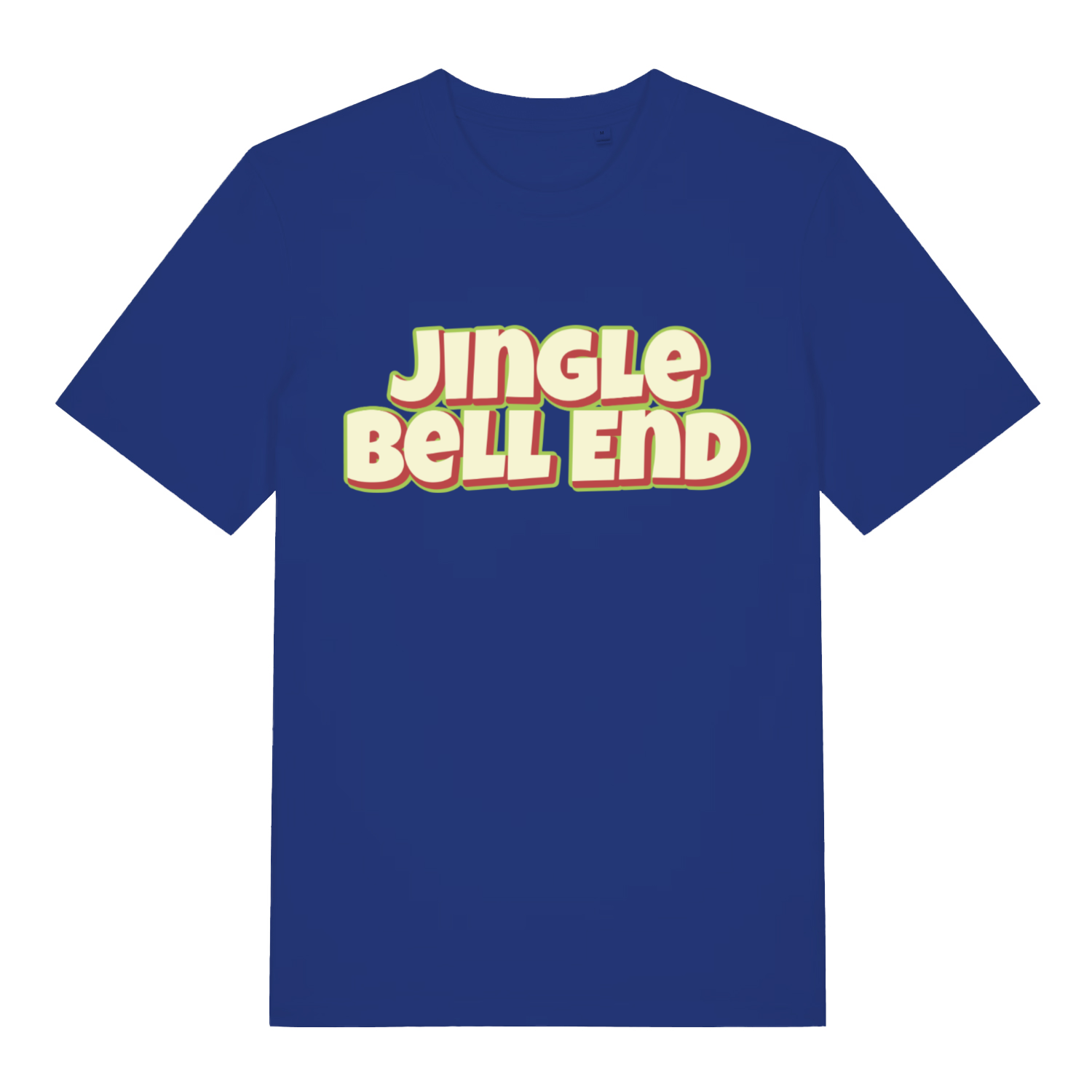 Blue Jingle Bell End funny graphic t-shirt featuring colourful “JINGLE BELL END” rude festive text  