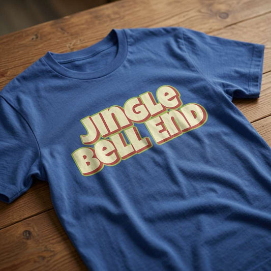Blue Jingle Bell End t-shirt on wood, mens funny alternative christmas