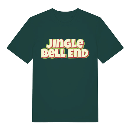 Green Jingle Bell End funny graphic t-shirt showing bold “JINGLE BELL END” Christmas design  
