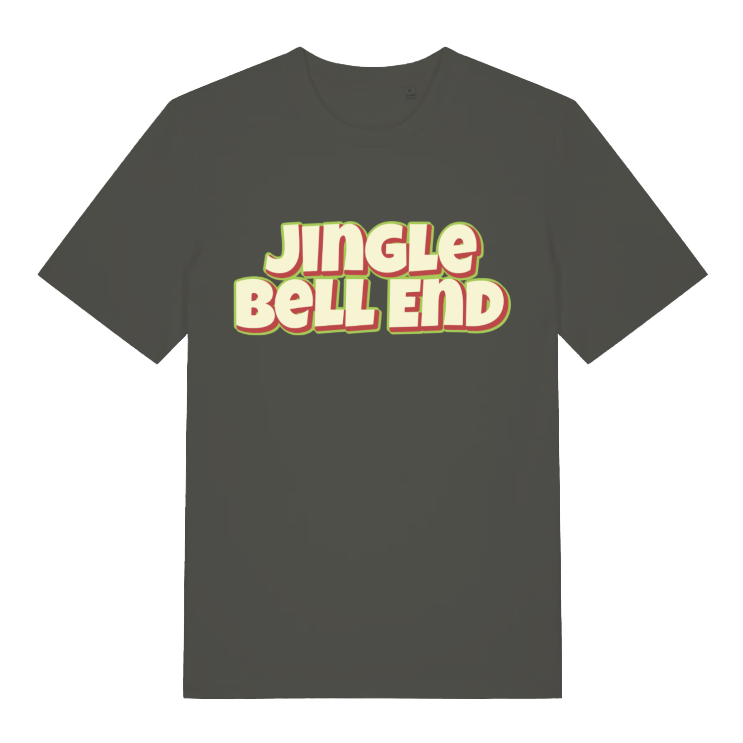 Khaki Jingle Bell End funny graphic t-shirt with retro-style “JINGLE BELL END” slogan  