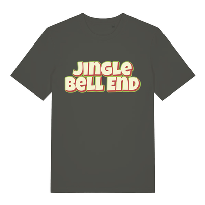 Khaki Jingle Bell End funny graphic t-shirt with retro-style “JINGLE BELL END” slogan  