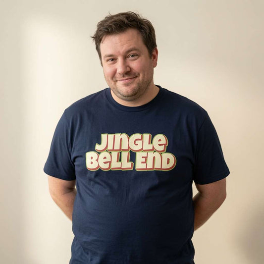 Man with slight smile in navy Jingle Bell End t-shirt, cheeky dad christmas slogan gift