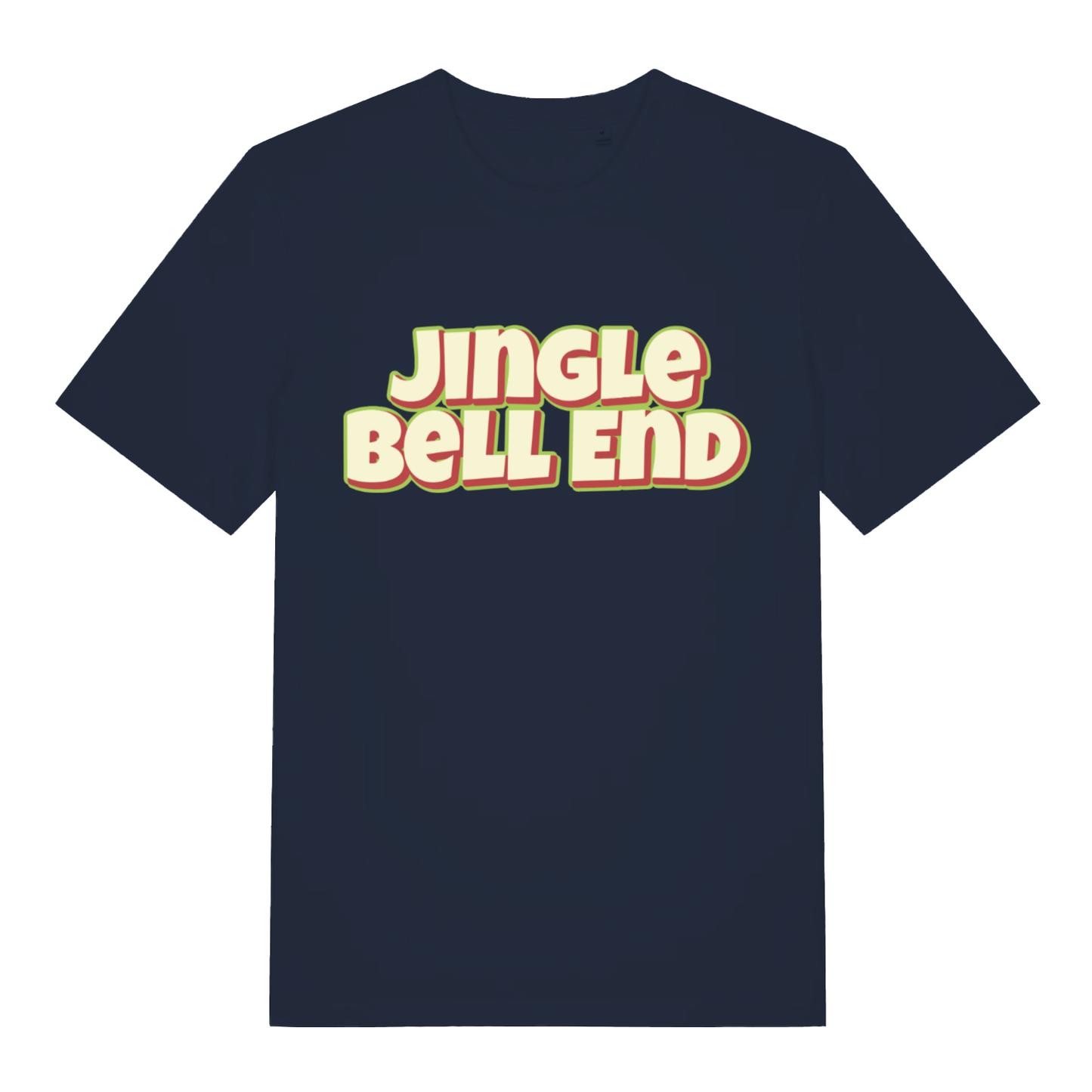 Navy Jingle Bell End funny graphic t-shirt displaying bright “JINGLE BELL END” festive lettering  