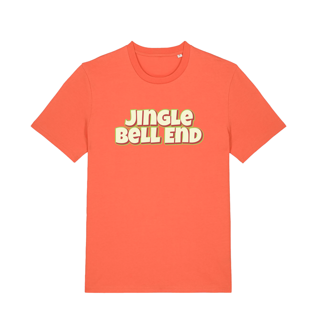 orange christmas t-shirt with the slogan 'jingle bellend'