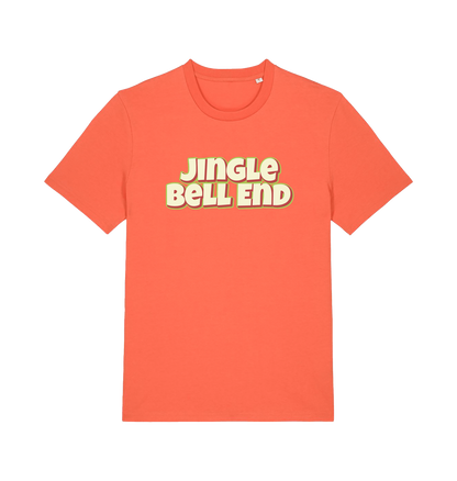 orange christmas t-shirt with the slogan 'jingle bellend'