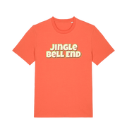 orange christmas t-shirt with the slogan 'jingle bellend'