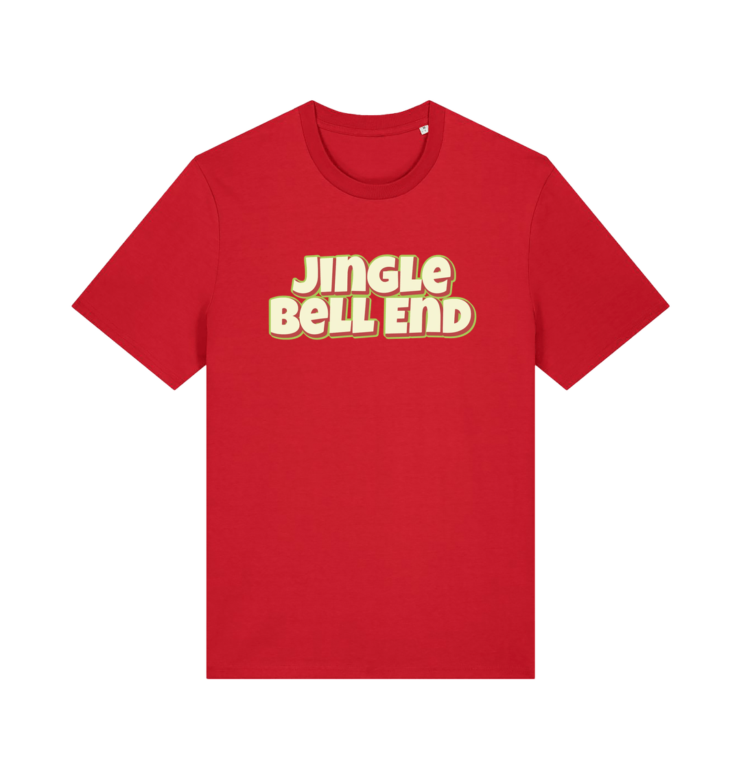 red christmas t-shirt with the slogan 'jingle bellend'