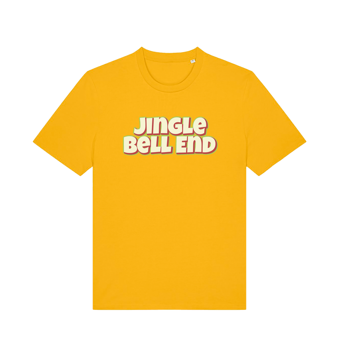 yellow christmas t-shirt with the slogan 'jingle bellend'