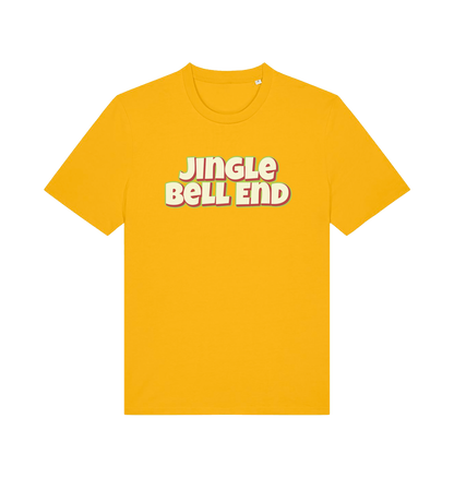 yellow christmas t-shirt with the slogan 'jingle bellend'