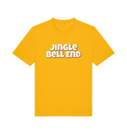 yellow christmas t-shirt with the slogan 'jingle bellend'