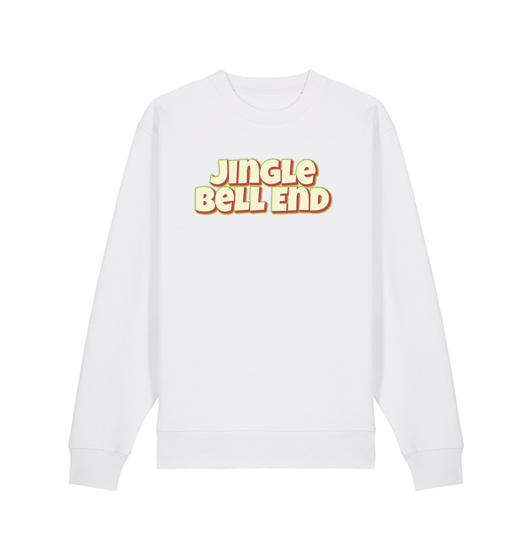 white christmas sweater with the slogan 'jingle bellend'