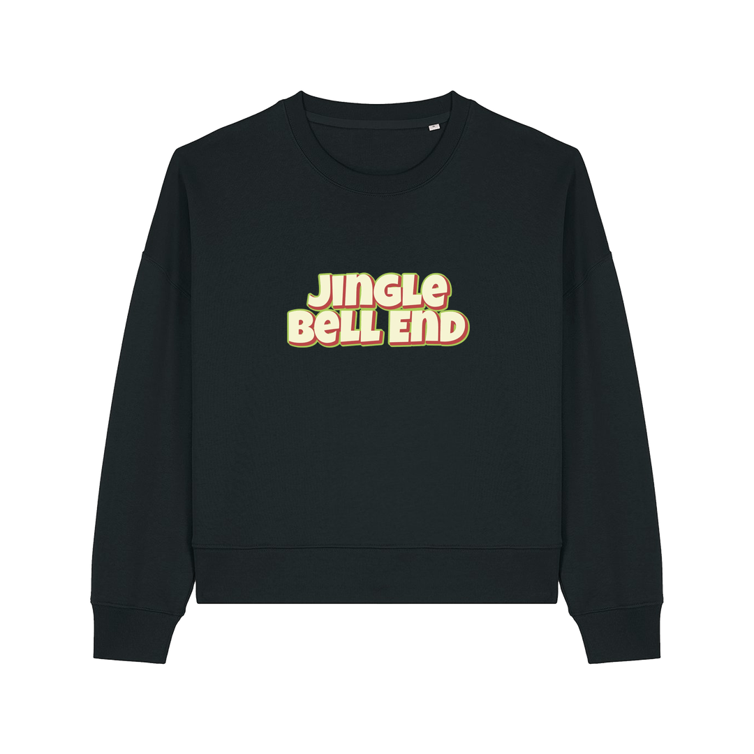 black christmas sweater with the slogan 'jingle bellend'