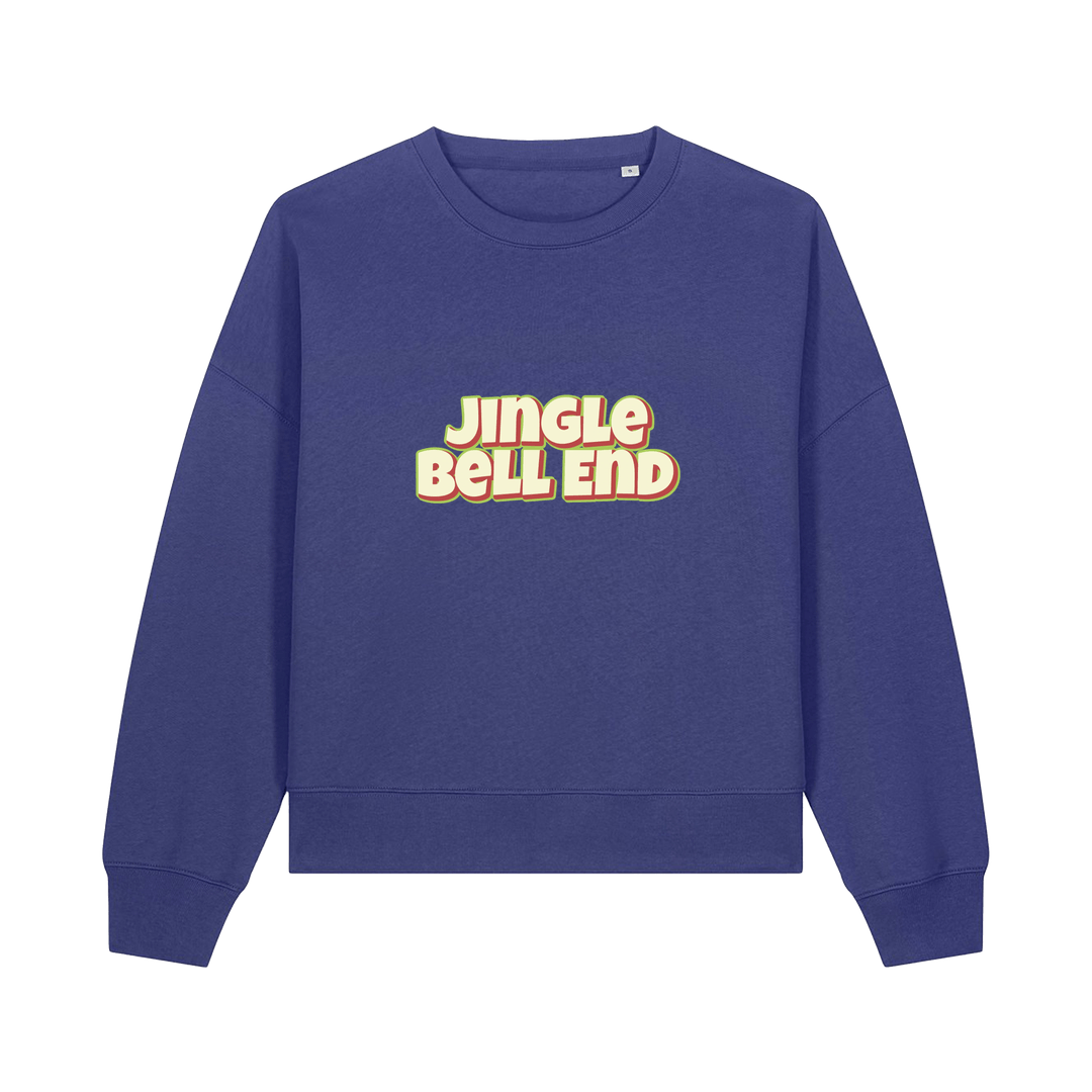 blue christmas sweater with the slogan 'jingle bellend'