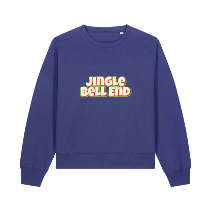 blue christmas sweater with the slogan 'jingle bellend'