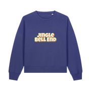 blue christmas sweater with the slogan 'jingle bellend'