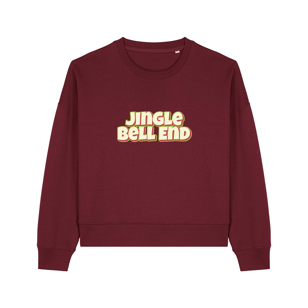 burgundy christmas sweater with the slogan 'jingle bellend'
