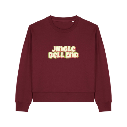 burgundy christmas sweater with the slogan 'jingle bellend'
