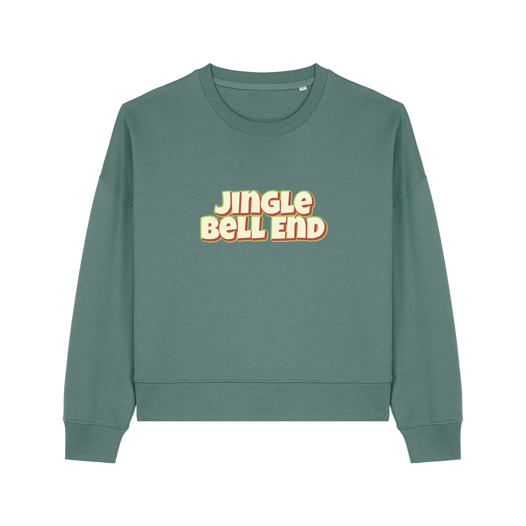 green christmas sweater with the slogan 'jingle bellend'