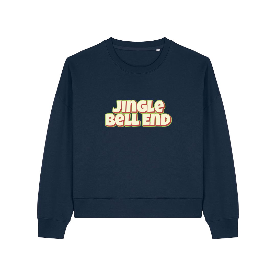 navy christmas sweater with the slogan 'jingle bellend'