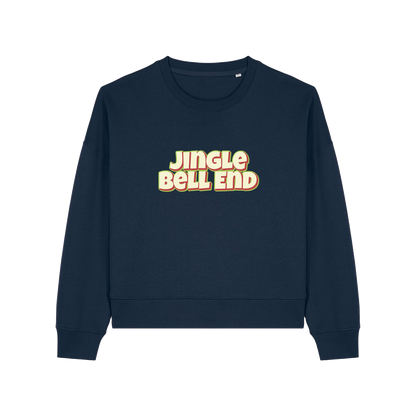 navy christmas sweater with the slogan 'jingle bellend'