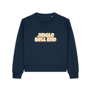navy christmas sweater with the slogan 'jingle bellend'