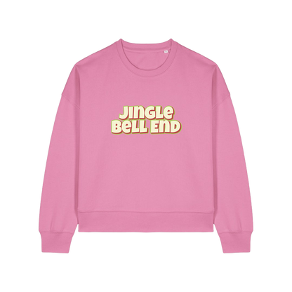 pink christmas sweater with the slogan 'jingle bellend'