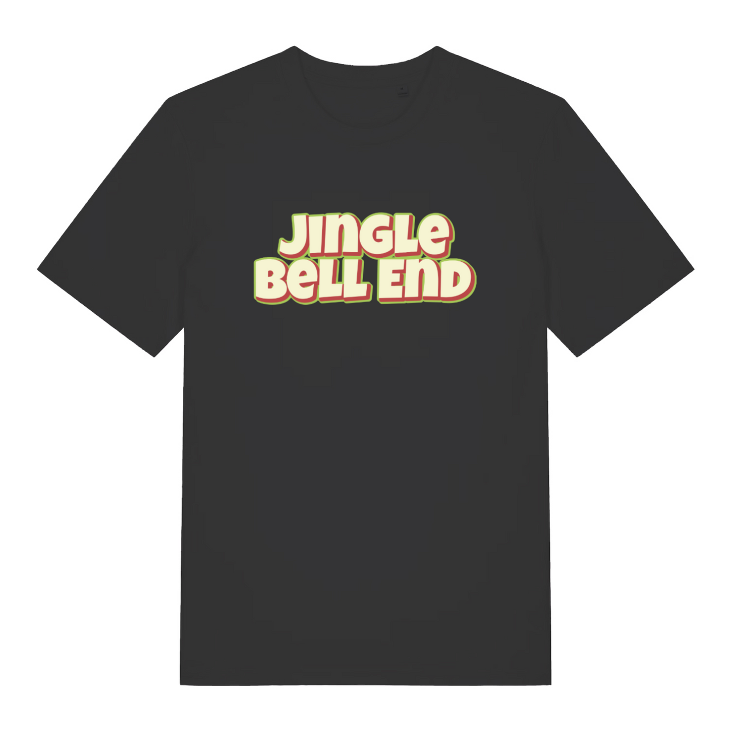 black christmas t-shirt with the slogan 'jingle bellend'