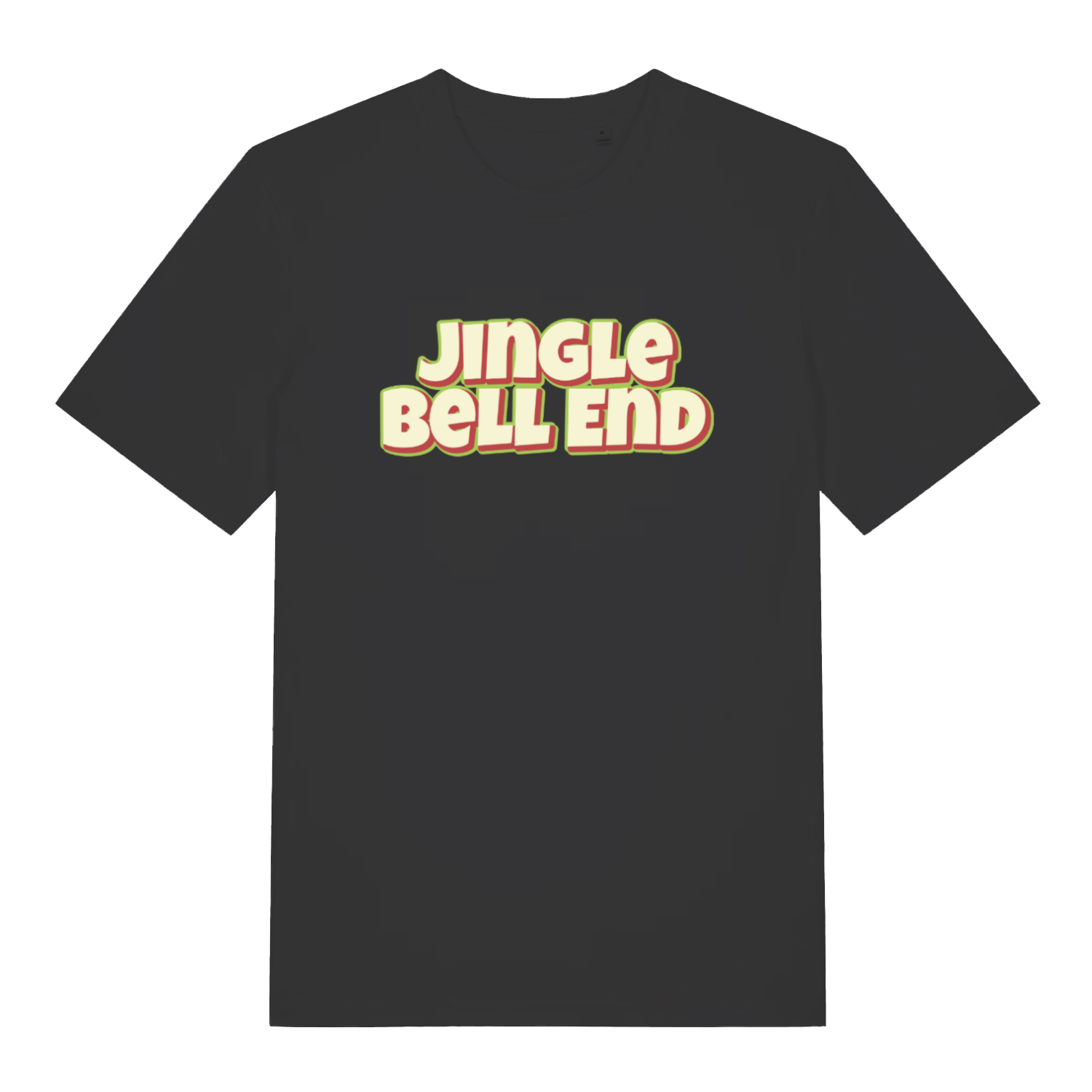 black christmas t-shirt with the slogan 'jingle bellend'