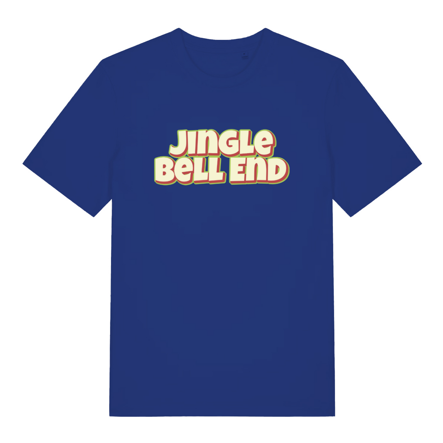 blue christmas t-shirt with the slogan 'jingle bellend'