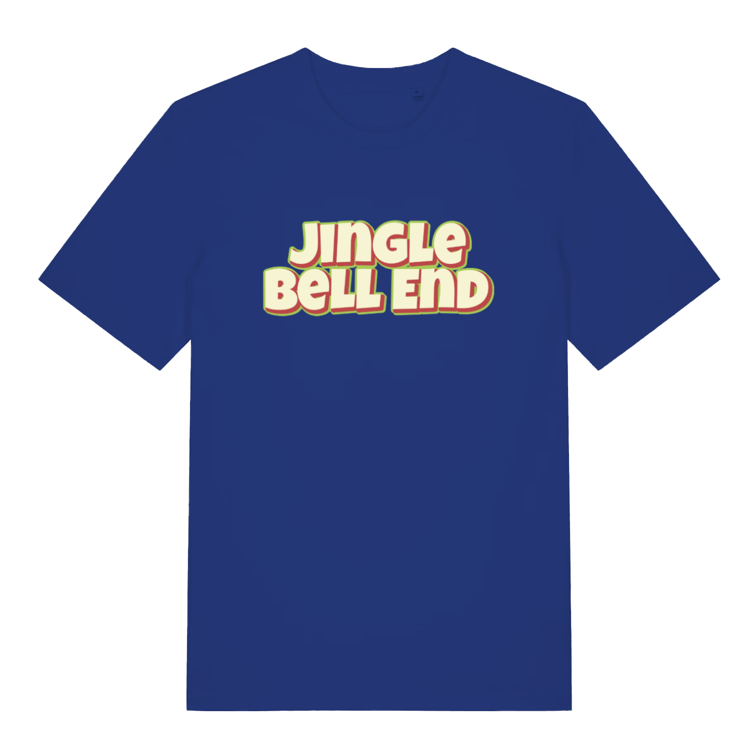 blue christmas t-shirt with the slogan 'jingle bellend'