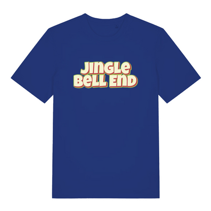 blue christmas t-shirt with the slogan 'jingle bellend'