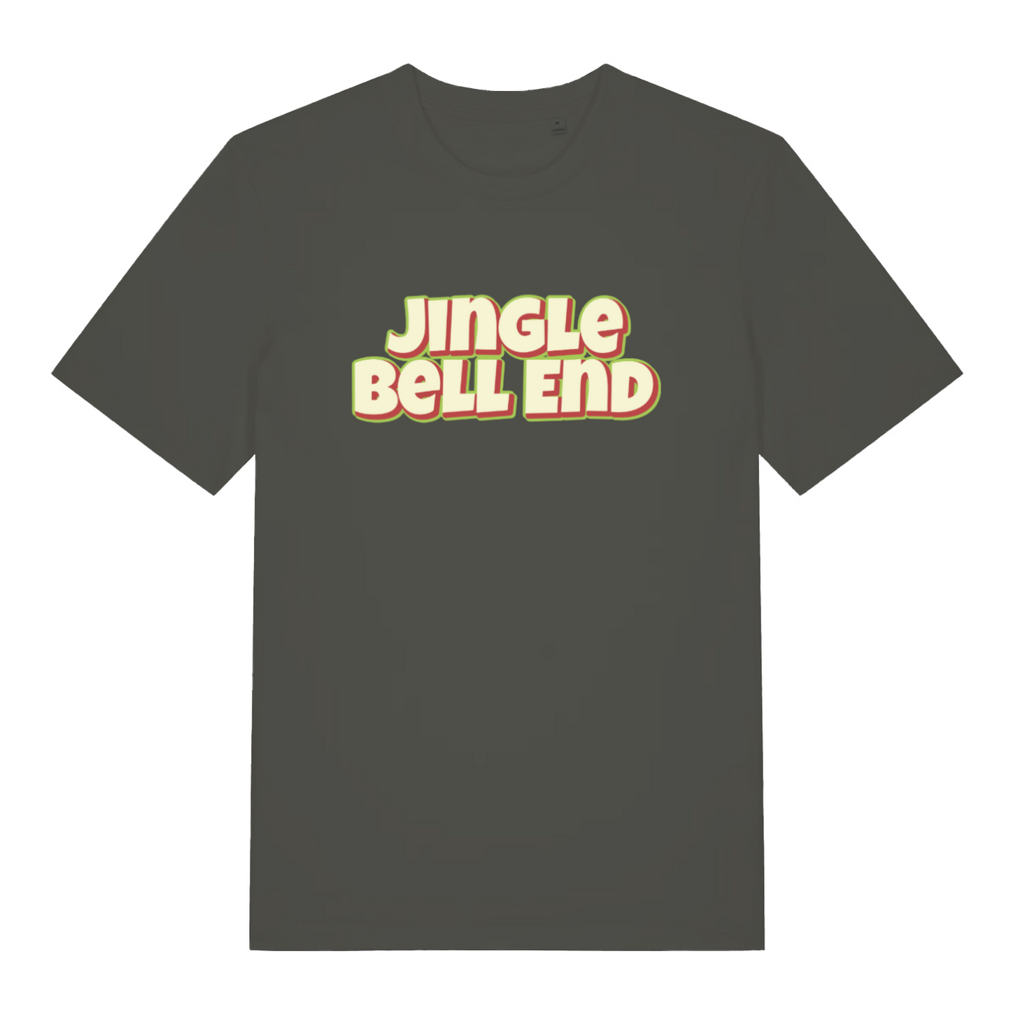 khaki christmas t-shirt with the slogan 'jingle bellend'
