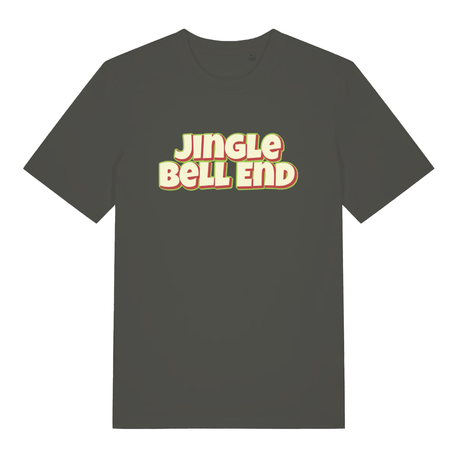 khaki christmas t-shirt with the slogan 'jingle bellend'