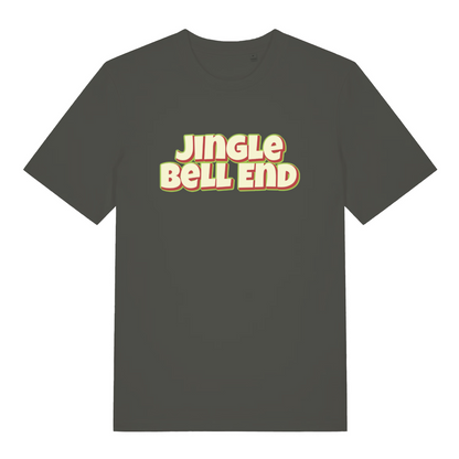 khaki christmas t-shirt with the slogan 'jingle bellend'