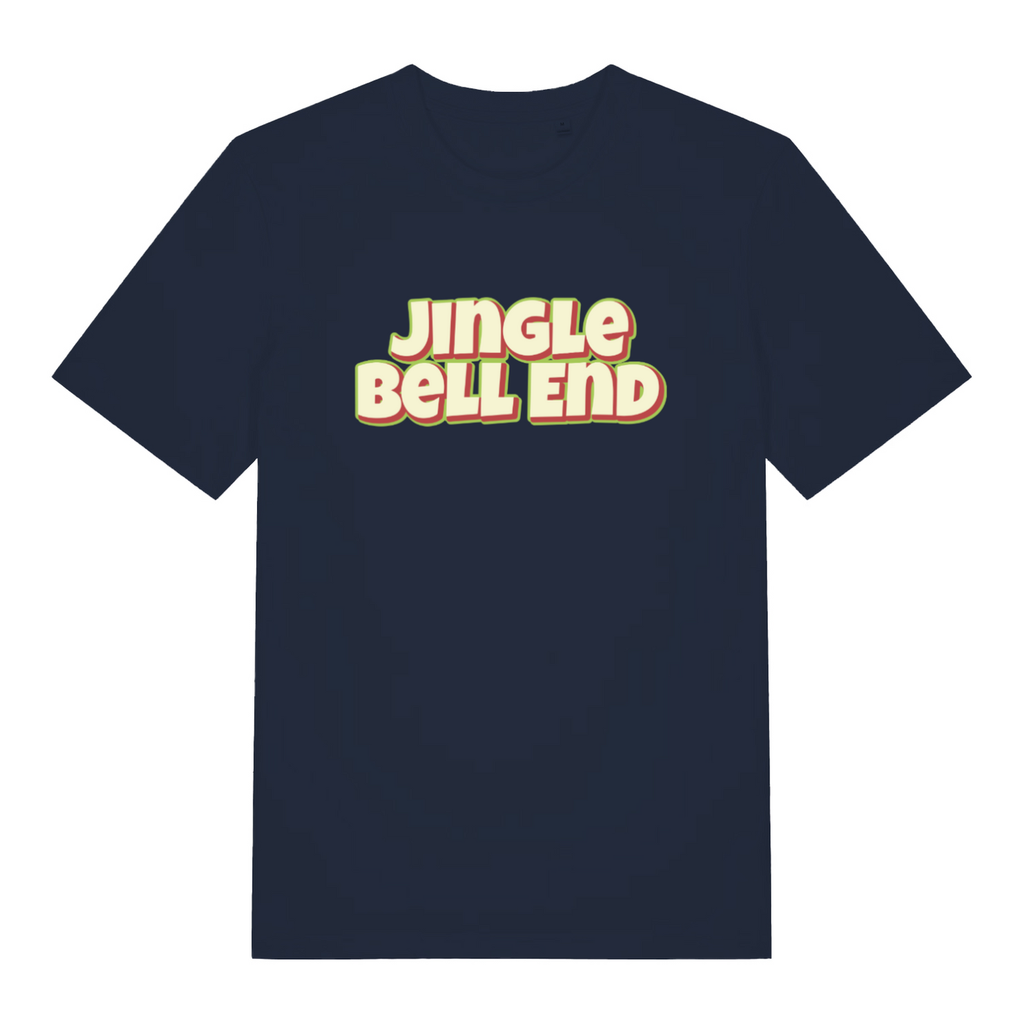 navy christmas t-shirt with the slogan 'jingle bellend'